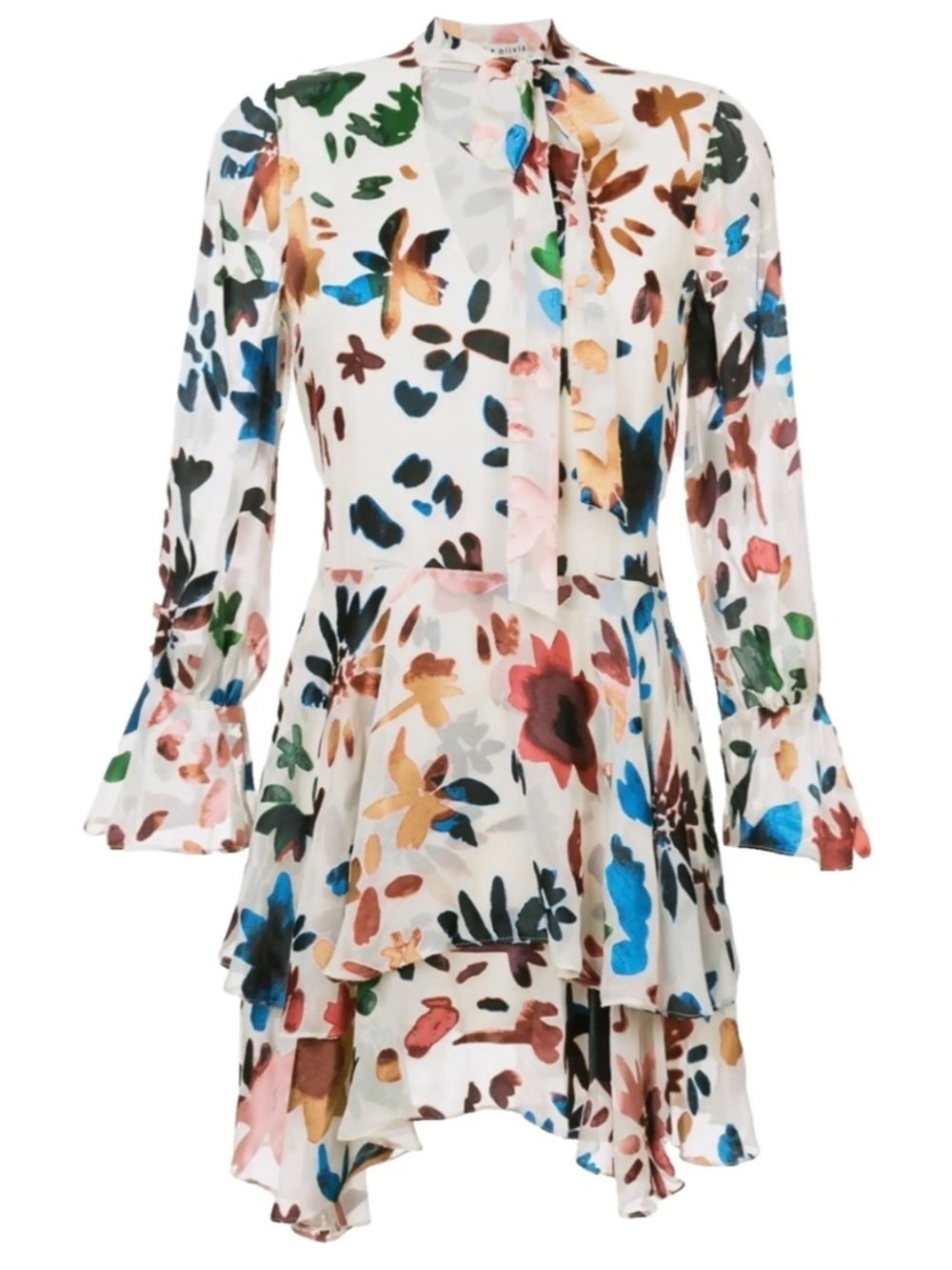 Alice + Olivia Moran Silk Blend Mini Dress Small Rainbow Floral Bell Sleeve - Picture 8 of 8